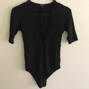 Black deep V neck body suit