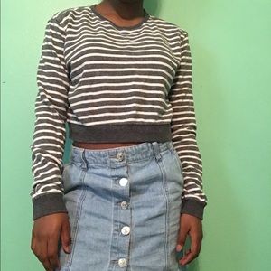 Gray and white striped cropped sweatshirt