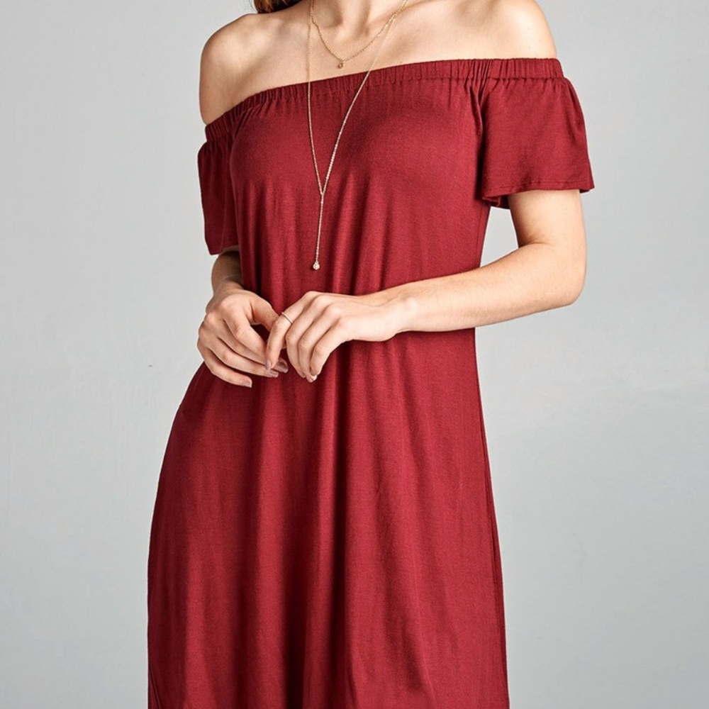 Burgundy Off the Shoulder Dress - Picture 3 of 4