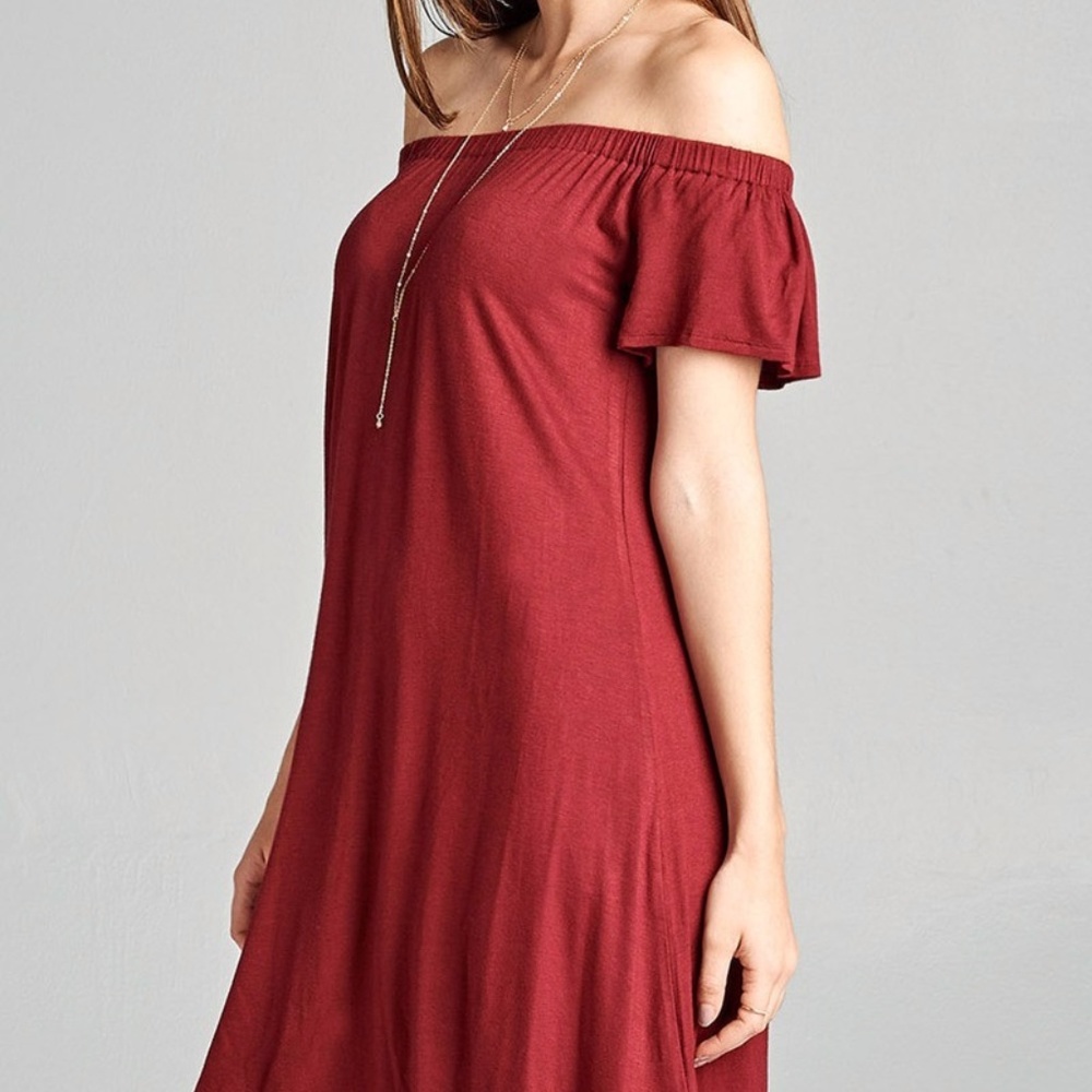 Burgundy Off the Shoulder Dress - Picture 2 of 4