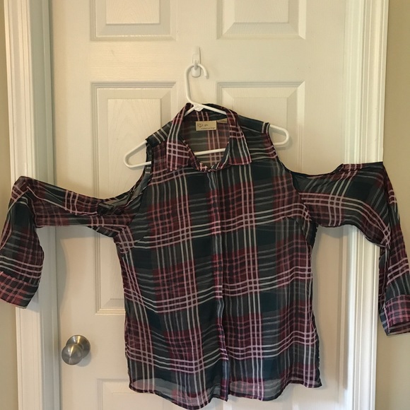 Cold Shoulder Sheer Plaid Button Down - Picture 1 of 4