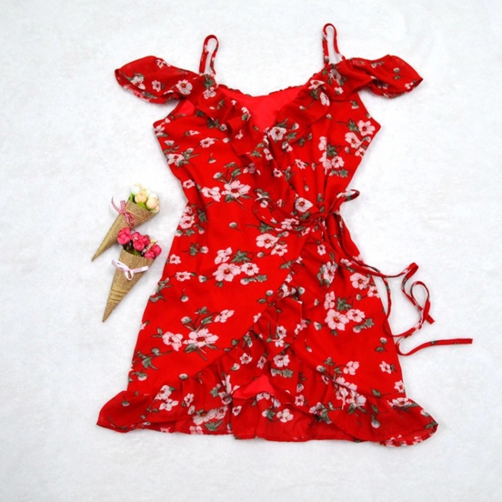 ‘Caterina’ Red floral wrap ruffle dress - Picture 6 of 8