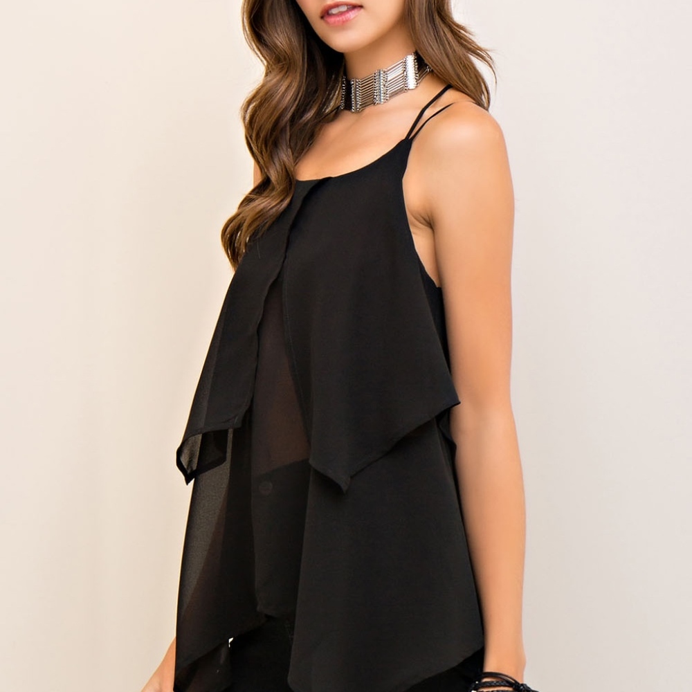 Black Solid Double Layer Halter Top