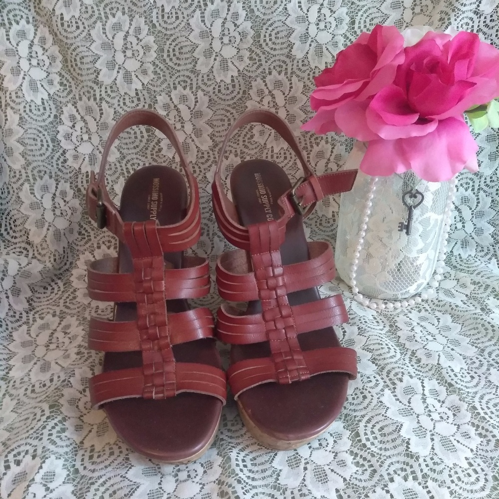 Brown Faux Leather Wedge Sandals