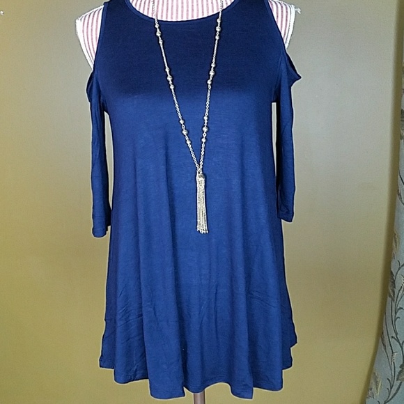 Navy Blue Cold Shoulder Swing Top - Picture 3 of 3
