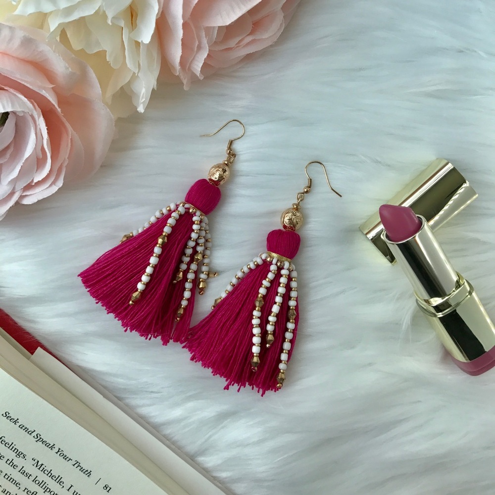 "Lola" Earrings || Fuchsia Pink Tassel Statement