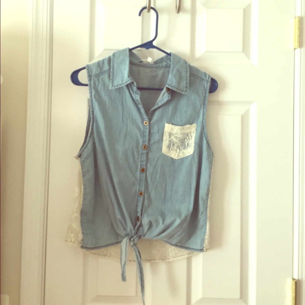 Denim Lace Tie Front Tank Top