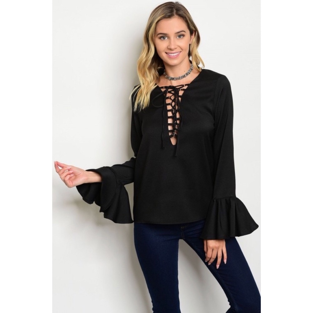 LAST Black Lace Up Top with Bell Sleeves - Picture 2 of 4