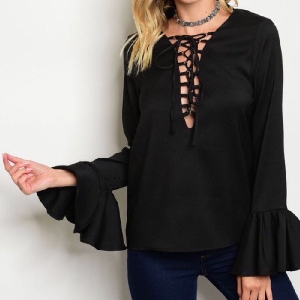 LAST Black Lace Up Top with Bell Sleeves - Picture 4 of 4