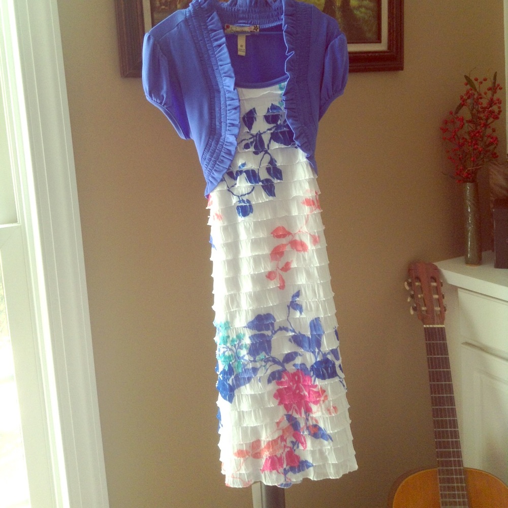 White flower dress with attached blue jacket