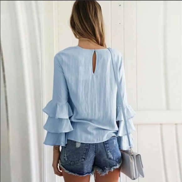 Blue Ruffle Bell Sleeve Top - Picture 3 of 6