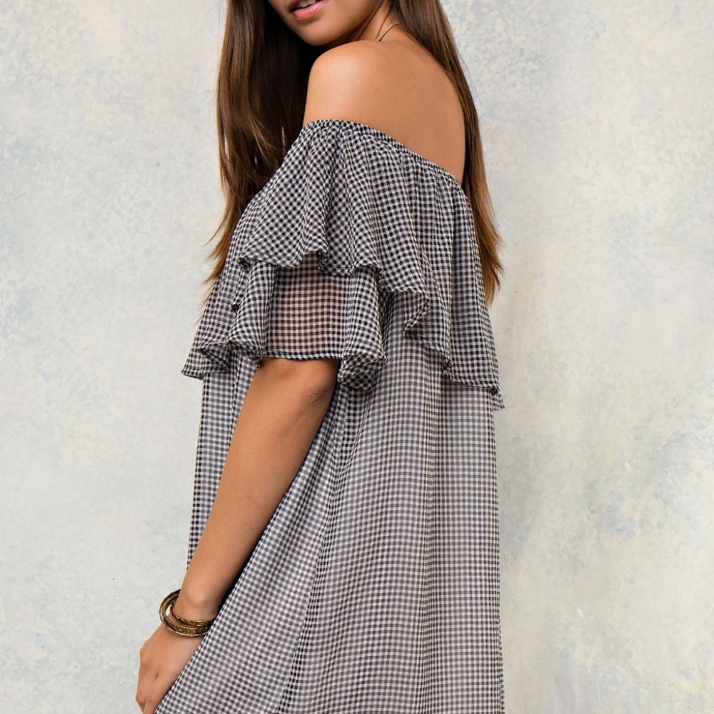 Gingham Off Shoulder Dress by Entro  NWT - Picture 2 of 3