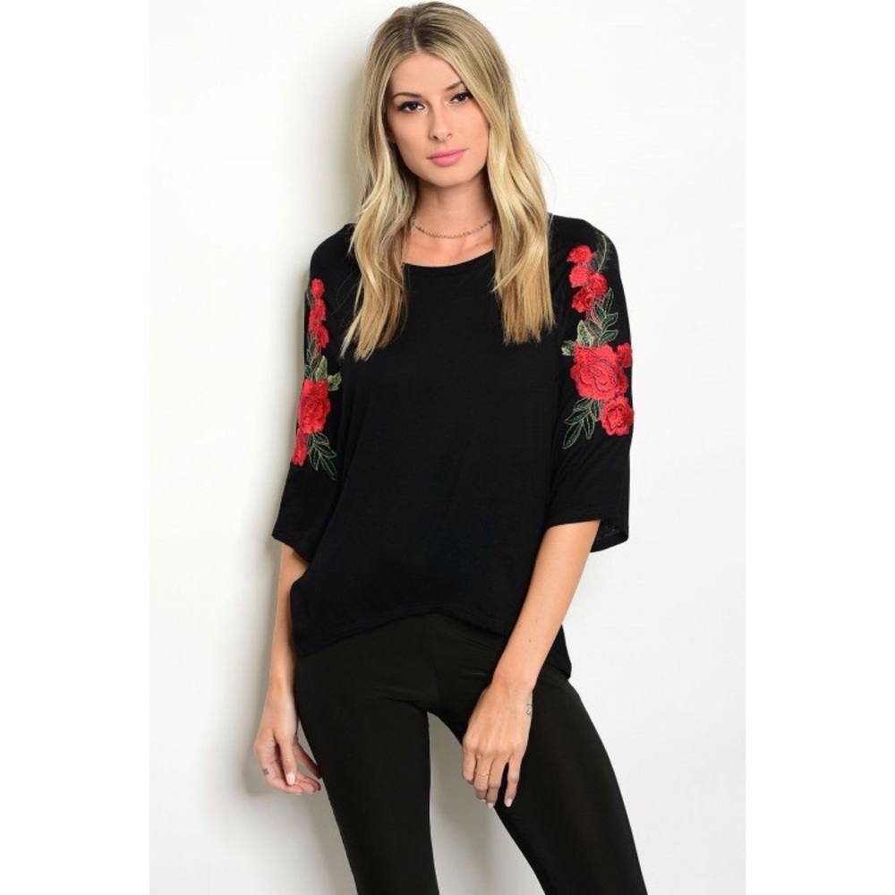 SOLD OUT ❣️Black Top with Embroidered Roses - Picture 2 of 4