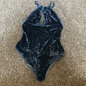 Blue velvet halter bodysuit