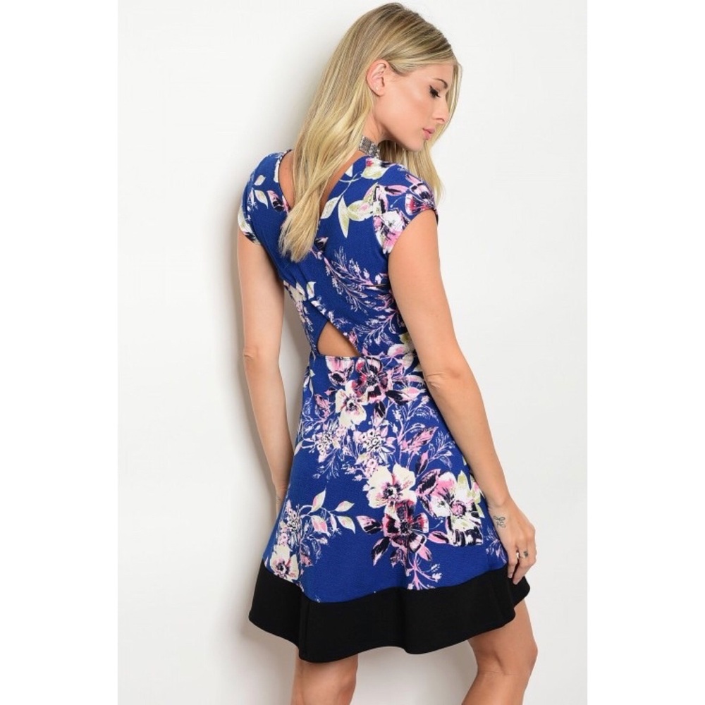 LAST Royal Blue Dress with Floral Print - Picture 3 of 4