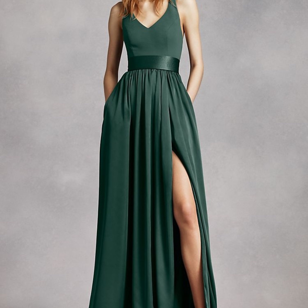 V neck halter gown with sash in forest
