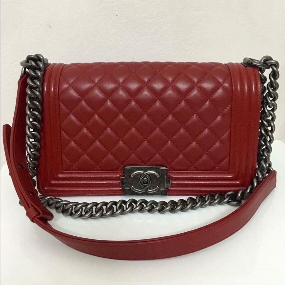 Auth Chanel Le Boy Dark Ref Lambskin Shoulder bag