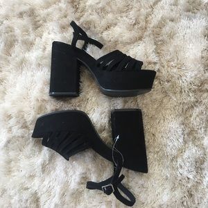 Black faux suede platform heeled sandals