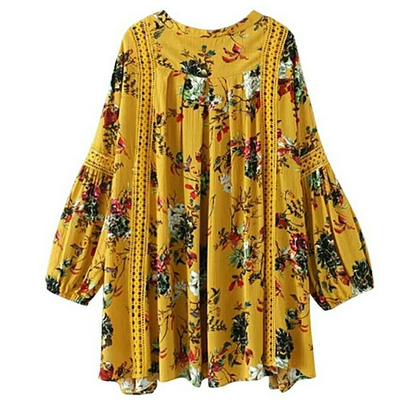 Yellow Floral Print Autumn Boho Dress/Tunic - Picture 2 of 2