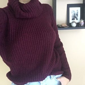 Burgundy Slouchy Cowl Turtleneck Sweater