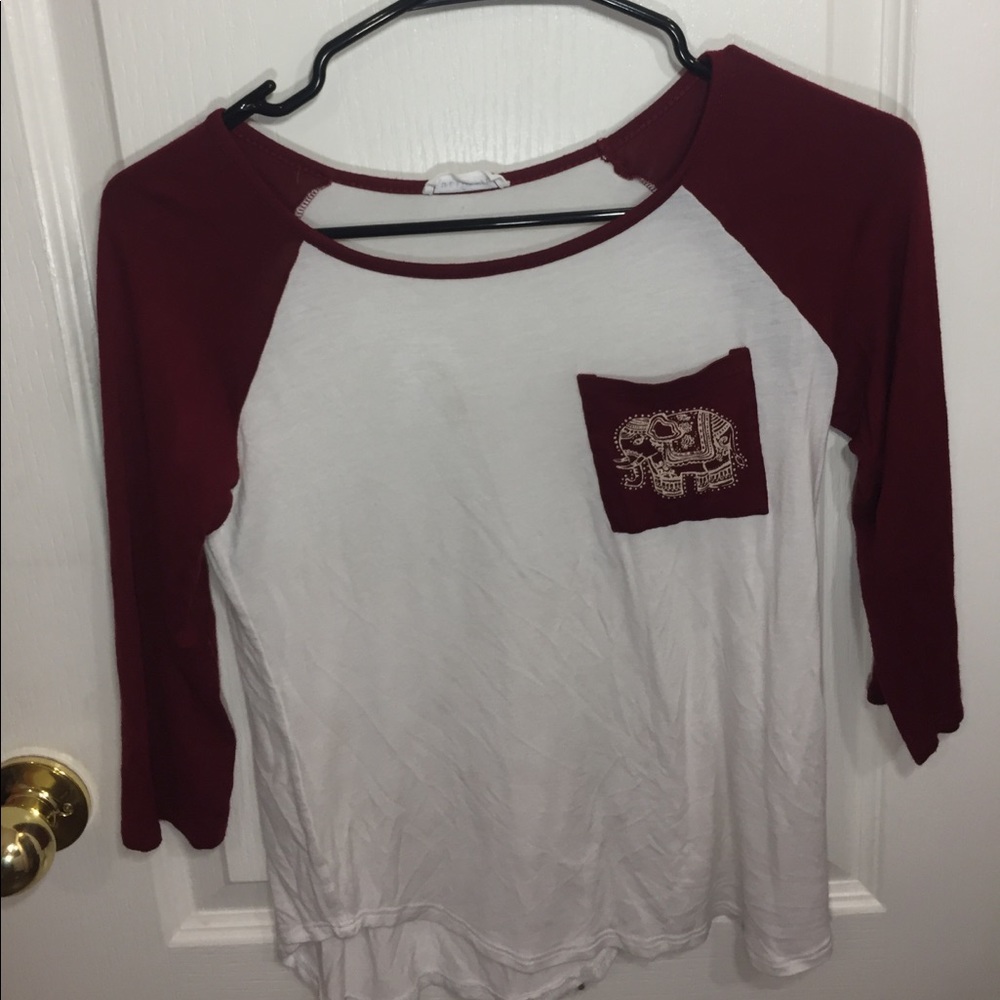 White Baseball Tee with Burgundy Sleeves