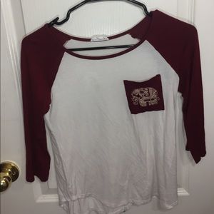 White Baseball Tee with Burgundy Sleeves