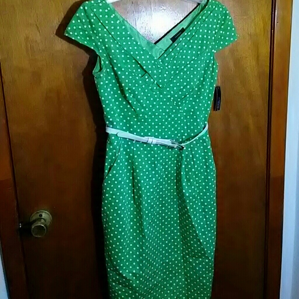 Green and white polka dot wiggle dress
