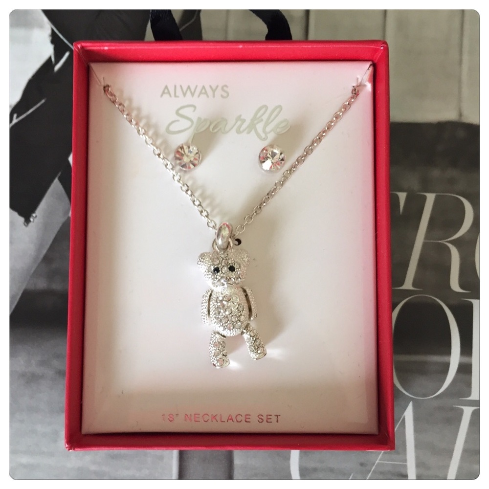🆕 Teddy bear silver necklace + earring gift set