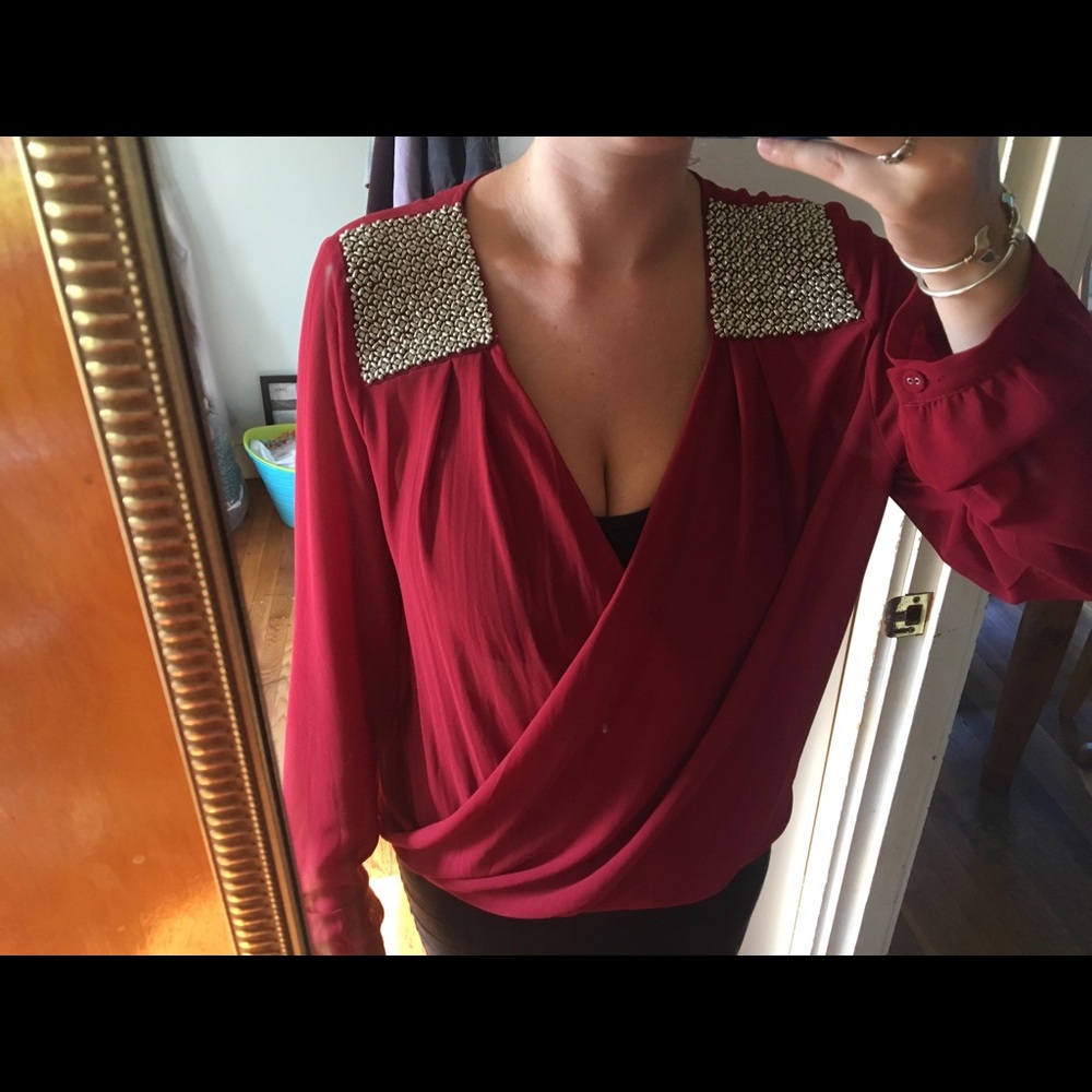 Red Sheer, shoulder studded Top