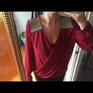 Red Sheer, shoulder studded Top