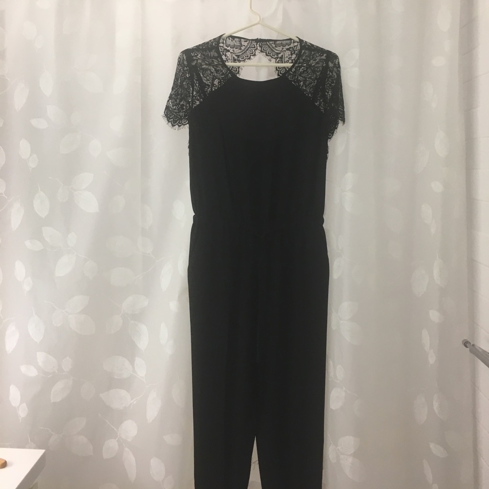 Loft black pants jumpsuit with lace trim top