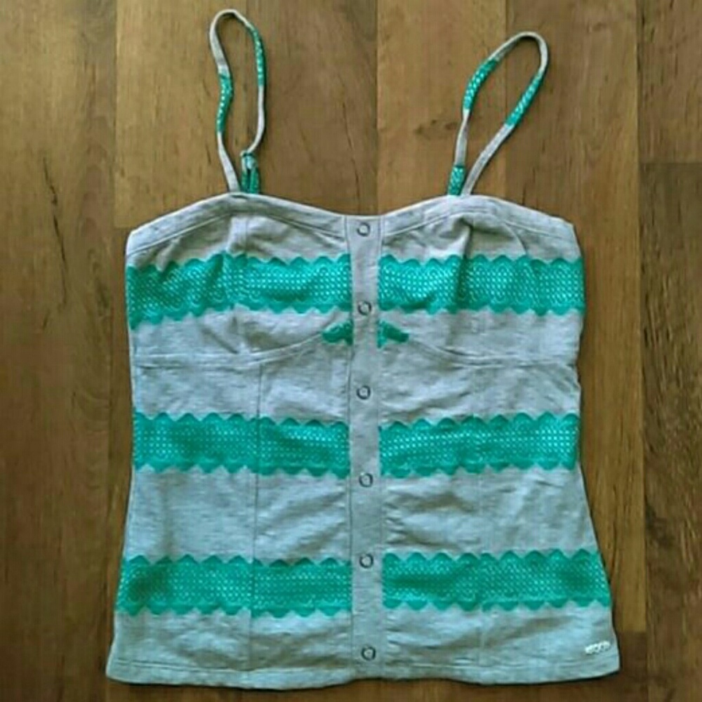 NWT Roxy striped pretty cami tank top tee shirt small grey teal button down up