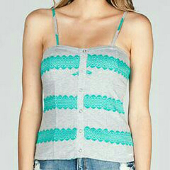 NWT Roxy striped pretty cami tank top tee shirt small grey teal button down up - Picture 3 of 6