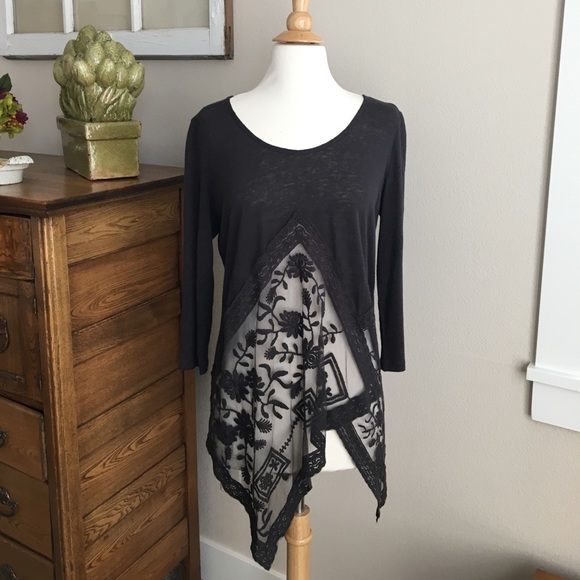 Women’s linen 3/4 sleeve Lace asymmetrical brown lightweight tunic top med NWT - Picture 3 of 6