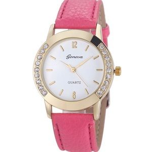 Geneva quartz Leather band Rhinestone watch