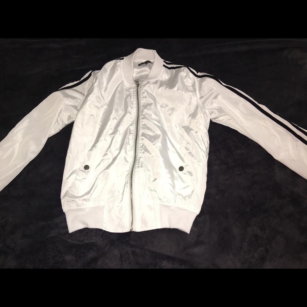 White and black striped bomber jacket