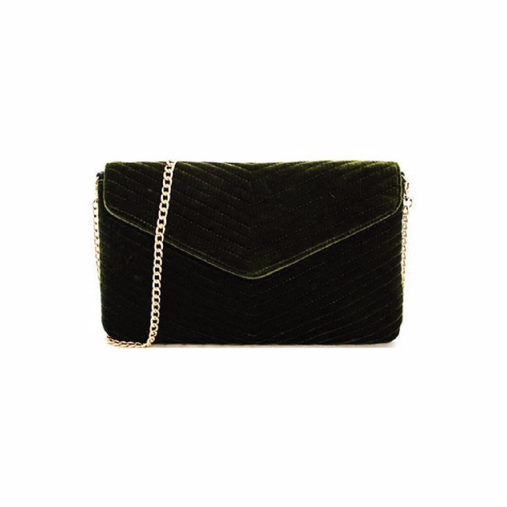 VELVET CLUTCH WITH CHAIN - DARK GREEN