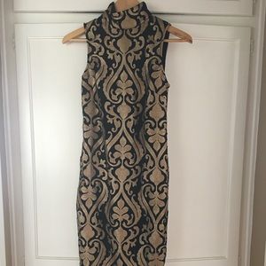 Black and gold brocade slim fit dress sz M