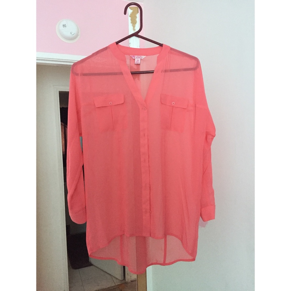 🌴 Sheer Coral Pink Button Down Blouse Candie's XS