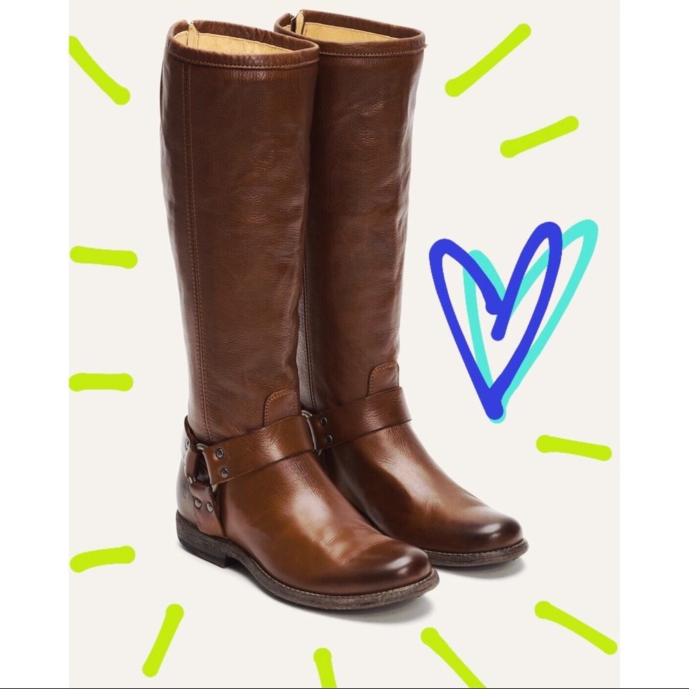 ‪FRYE ✨ Phillip Harness Tall Brown Leather Boots‬