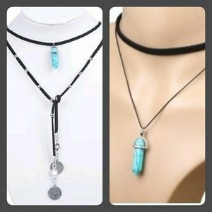 2 for 1 Turquoise & Faux Leather Boho Chokers