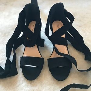 NEW black faux suede ankle tie heeled sandals!