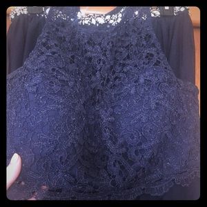 Two piece lace and bling navy prom dress.