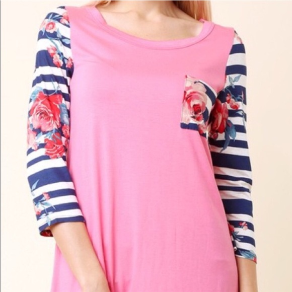 💘LAST! Size M Pink & Floral Striped Pocket Tee - Picture 4 of 5