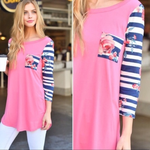 💘LAST! Size M Pink & Floral Striped Pocket Tee - Picture 2 of 5