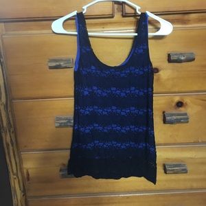 Blue tank top with black lace overlay