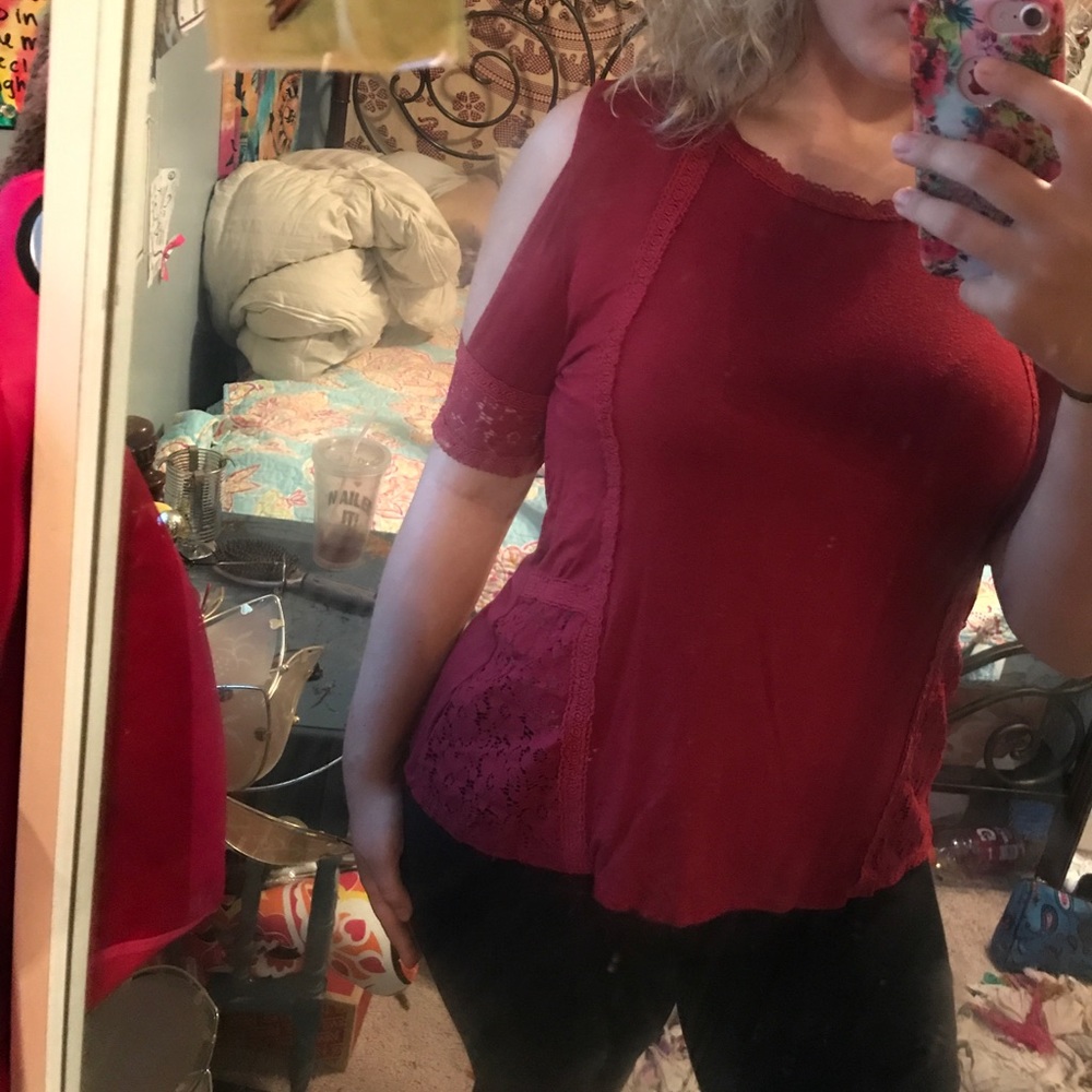 Red Cut-out Shoulder Shirt