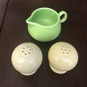 Fiestaware creamer and salt and pepper shakers
