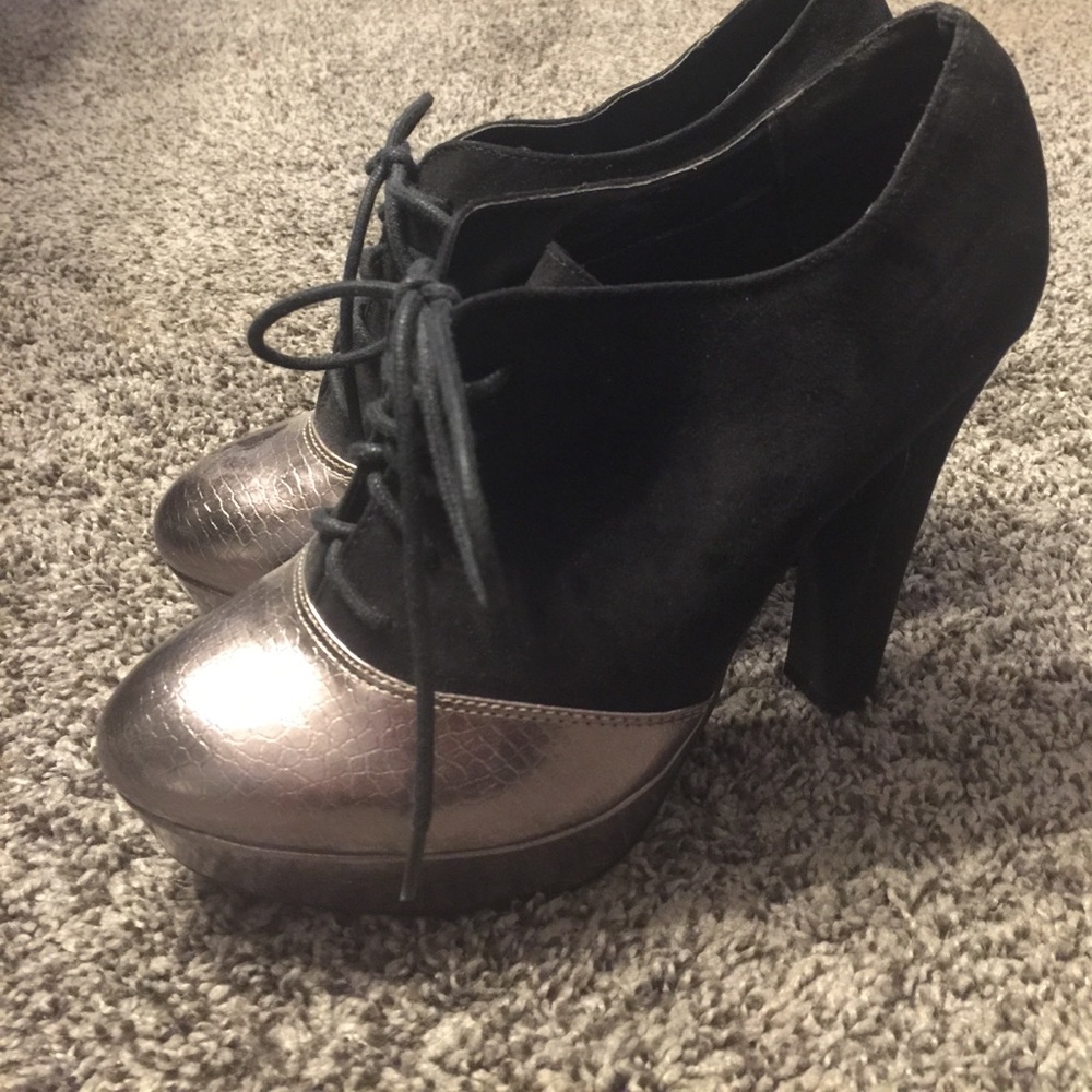 Black and silver platform booties