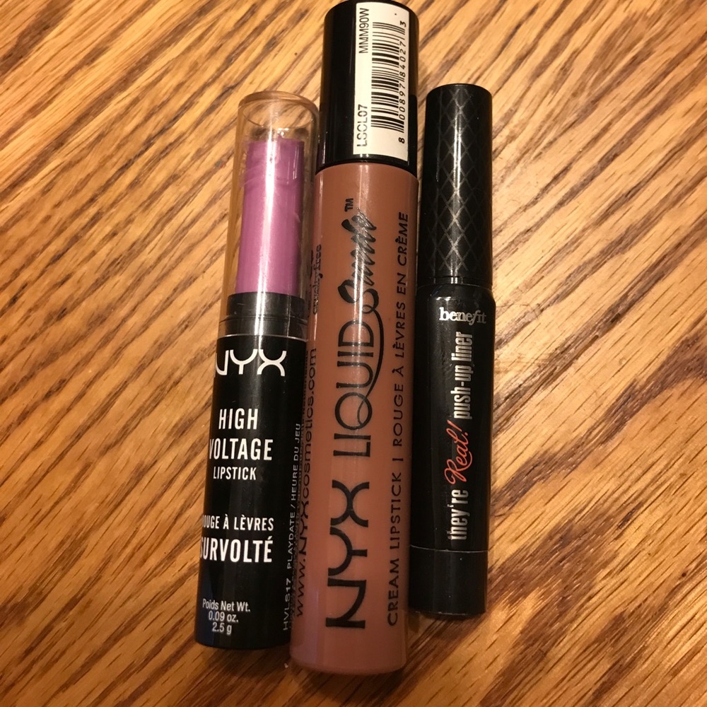 Eyeliner, lipstick, and liquid lipstick